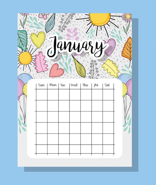 january calendar information with flowers and leaves