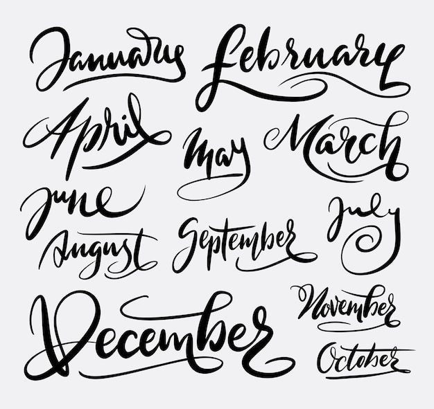 Vector january and december month calligraphy handwriting