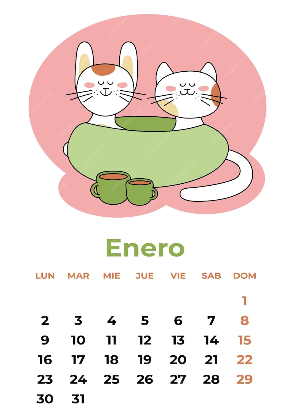 Premium Vector January enero2023 calendar sheet in spanish with cute
