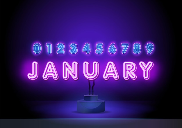 January. neon glowing lettering on a dark wall background. vector neon illustration. typography for banners, badges, postcard, t-shirt, prints, posters.