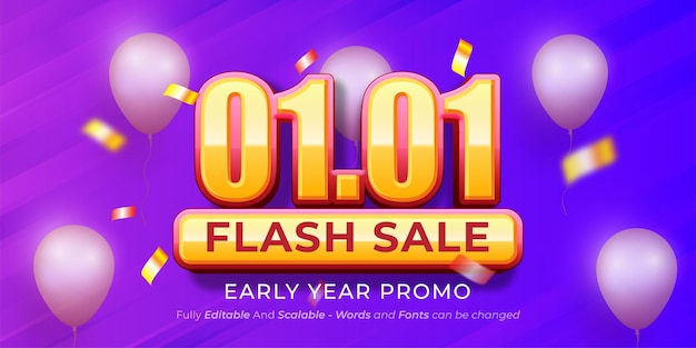 Vector january promotional flash sale design with 3d 0101 number and party balloon on gradient background