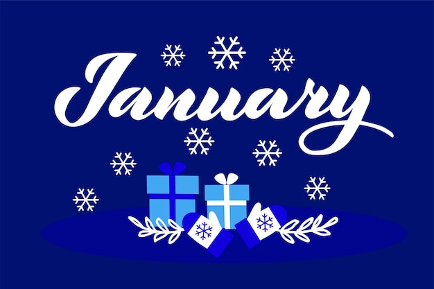 Январский вектор надписи рисованной синей иллюстрации с варежками и снежинками