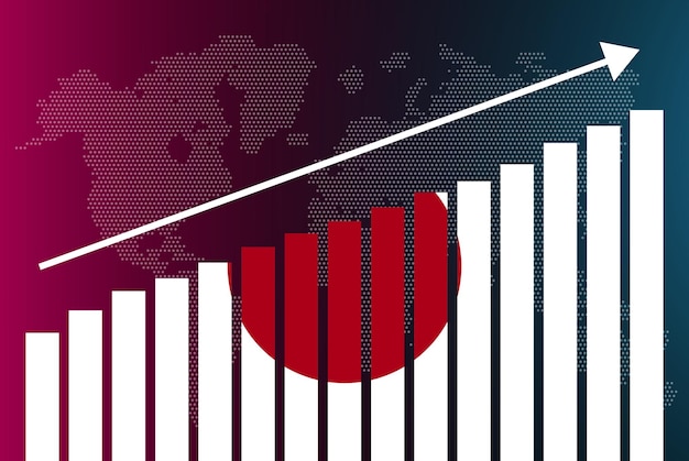 Grafico a barre del giappone, valori crescenti, concetto di statistiche nazionali, bandiera del giappone sul grafico a barre