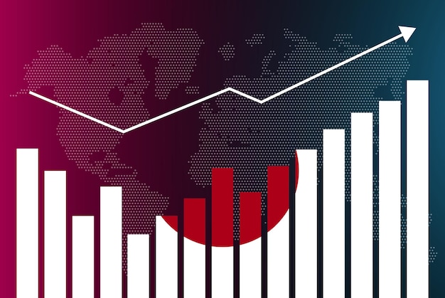 Japan bar chart graph with ups and downs, increasing values, japan country flag on bar graph