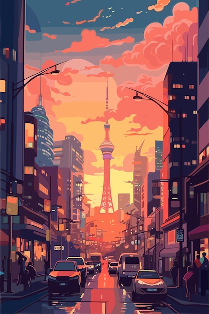 Vector japan city landscape in the evening vector flat illustration