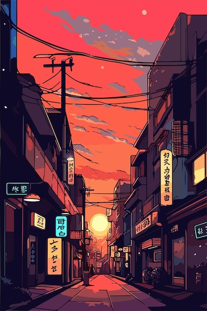 Japan city landscape in the evening Vector flat illustration