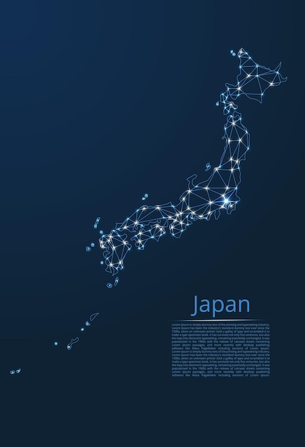 日本の通信ネットワークマップライト付きの世界地図のベクトル低ポリ画像