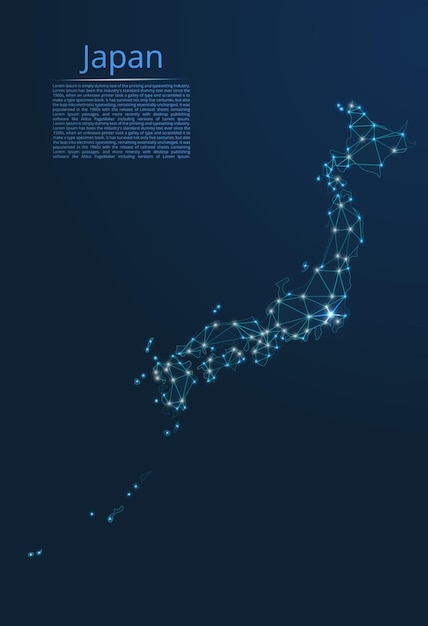 Japan communication network map Vector low poly image of a global map with lights