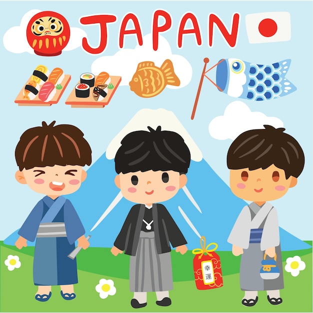 Vector japan culture costume japanese children cute vector set