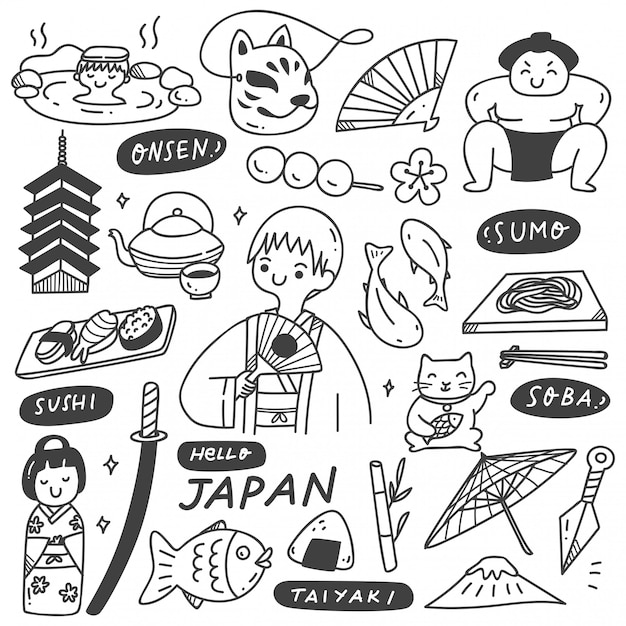 Japan cultuur doodle set