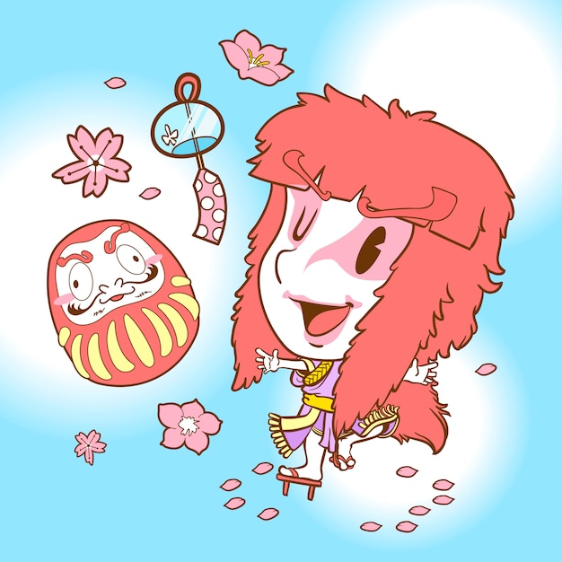 Vector japan cute doodle kabuki and daruma