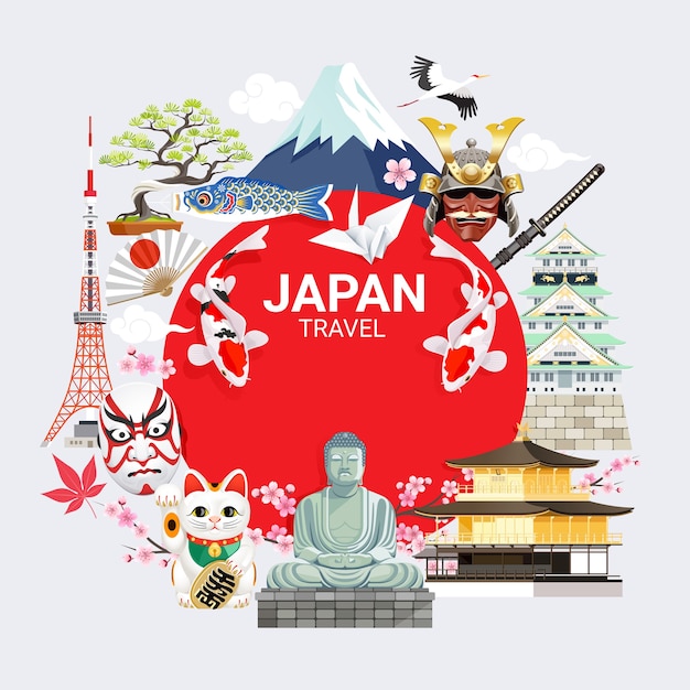 Japan famous landmarks travel background with tokyo tower