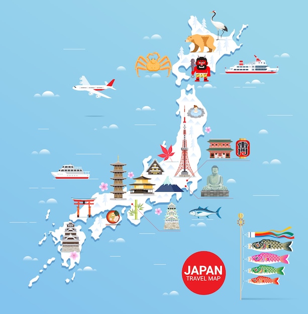 Vector japan famous landmarks travel map with tokyo tower