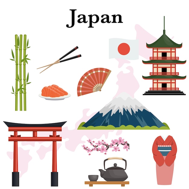 Japan famous symbols icons set vector illustration