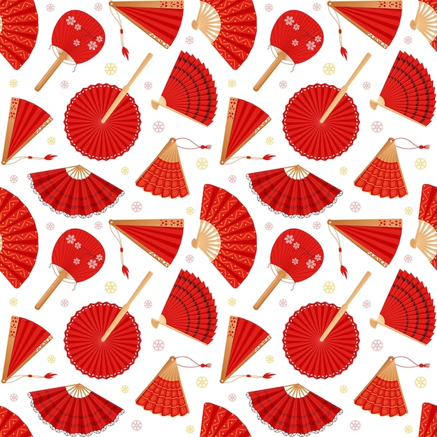 Japan fan pattern folding japanese or china paper with modern asian zen blooming oriental retro design open and closed red accessories with bamboo handles vector wallpaper texture