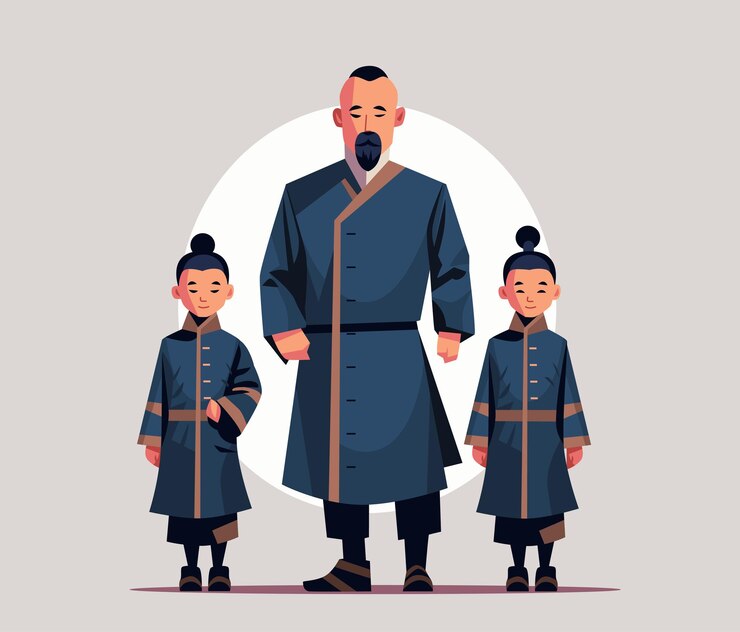 Vector 일본 아버지와 어린 아이들이 전통 옷을 입고 딸과 함께 서 있는 아시아 아빠와 함께 걷고 있습니다. 행복한 가족 개념 전체 길이 가로 벡터 그림