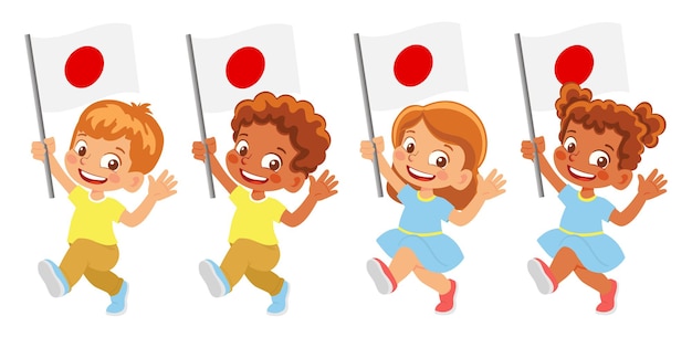 日本の国旗を手に。旗を持っている子供たち。日本の国旗