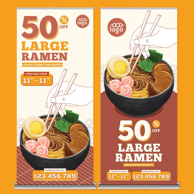 Japan food restaurant roll-up banner afdruksjabloon in platte ontwerpstijl