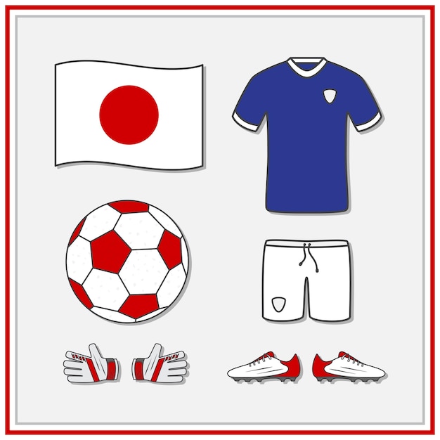 Giappone football cartoon illustrazione vettoriale maglia da calcio e pallone da calcio icona piatta contorno