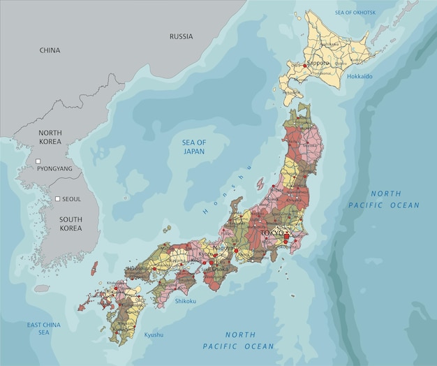 일본 매우 상세한 편집 가능한 정치 지도