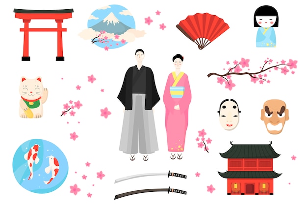 Значок японии, иллюстрации японцев, мультфильм женщина мужчина персонаж в традиционном костюме, набор азиатской культуры, изолированных на белом