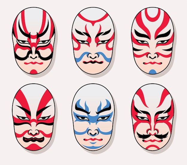 Vettore set maschera kabuki giapponese con parola kabuki in kanji