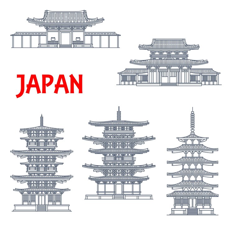 Vector japan landmarks icons, temples and japanese pagodas