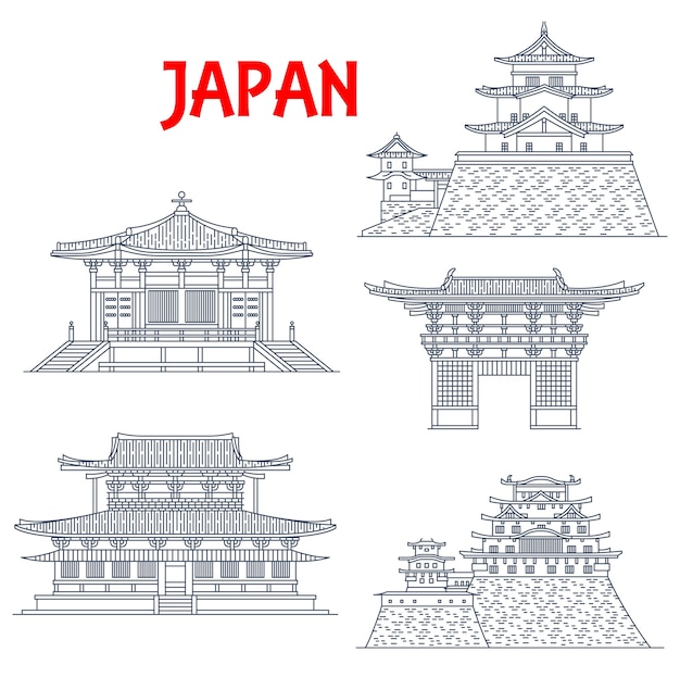 Vector japan landmarks icons, temples, pagodas and japanese gates in osaka