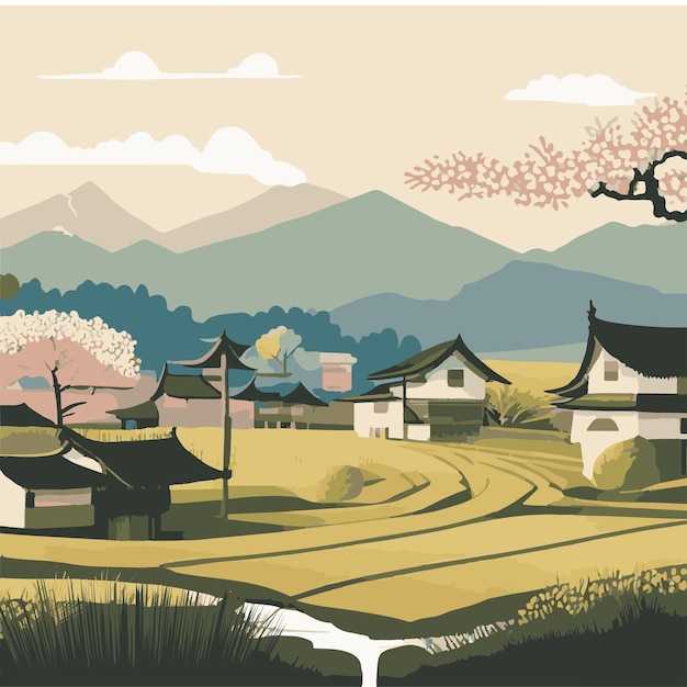 Japan Landscape Village Natural Vector Art