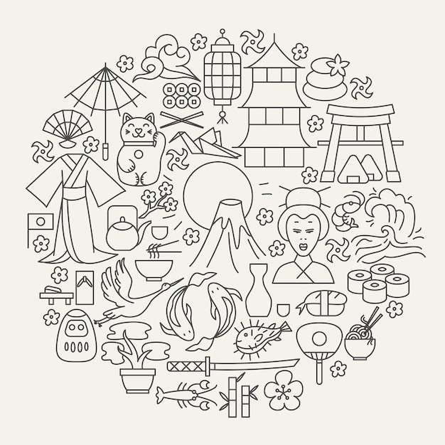 Vector japan line icons circle