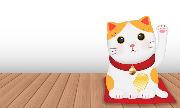 japan maneki neko cat на деревянном полу