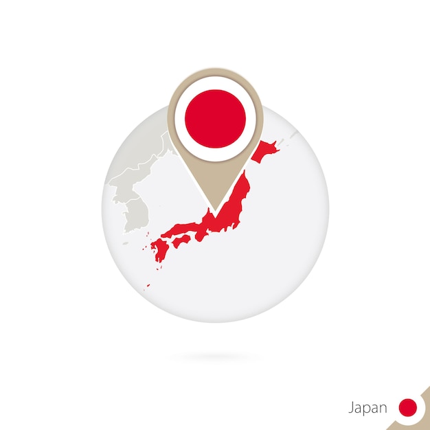 Japan map and flag in circle. map of japan, japan flag pin. map of japan in the style of the globe. vector illustration.