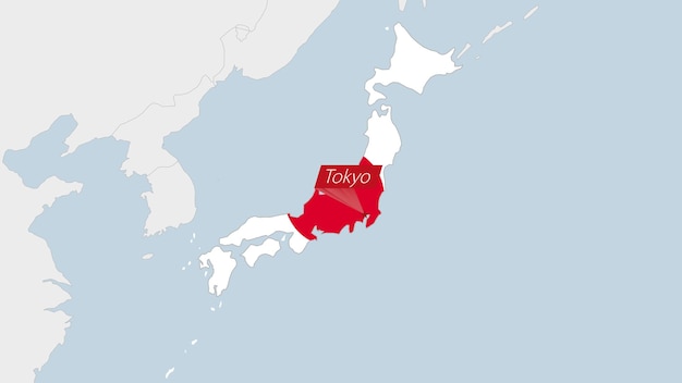 Japan map highlighted in Japan flag colors and pin of country capital Tokyo