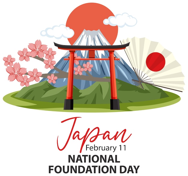 Баннер дня национального фонда японии с воротами тории и горой фудзи