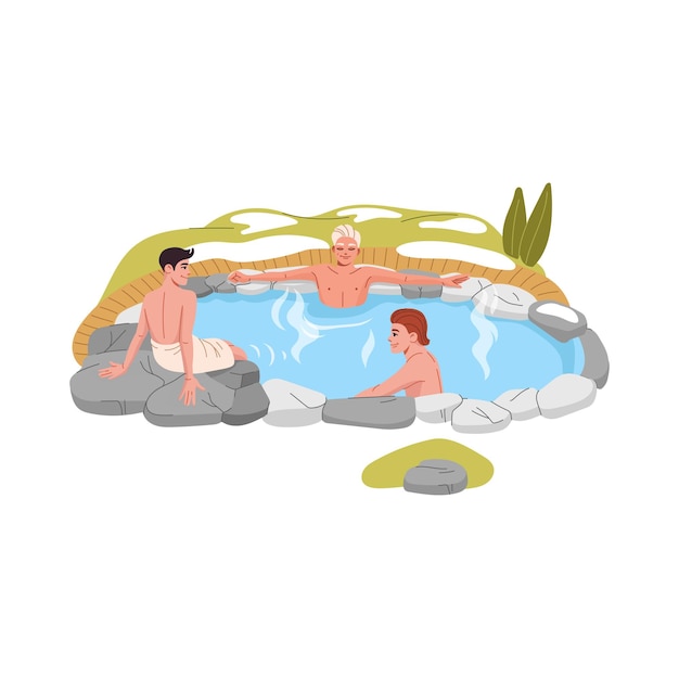 Vector japan onsen bath men relaxing in hot spring pool