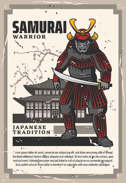 Japan pagoda temple and samurai warrior