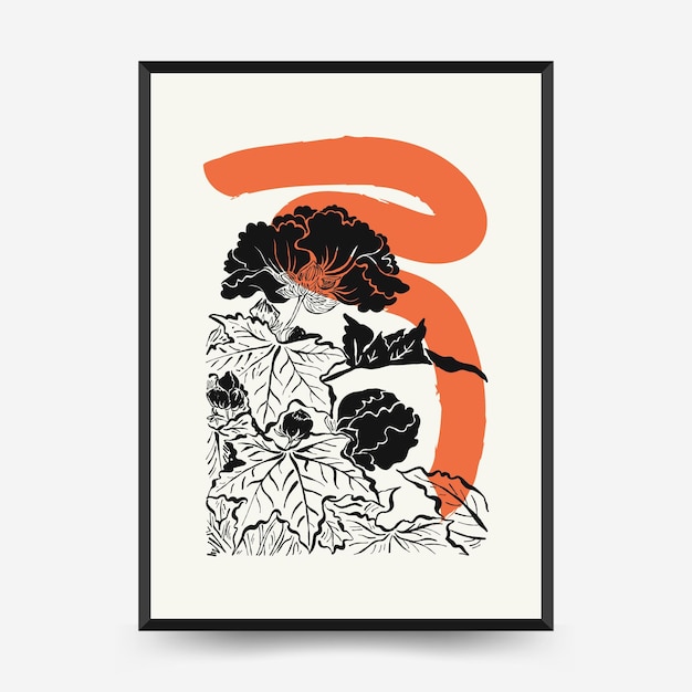 Japan posters template Modern japanese trendy black style Vintage flowers Ink wall art