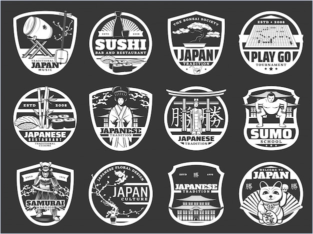 Japan religion, history and culture, sushi icons