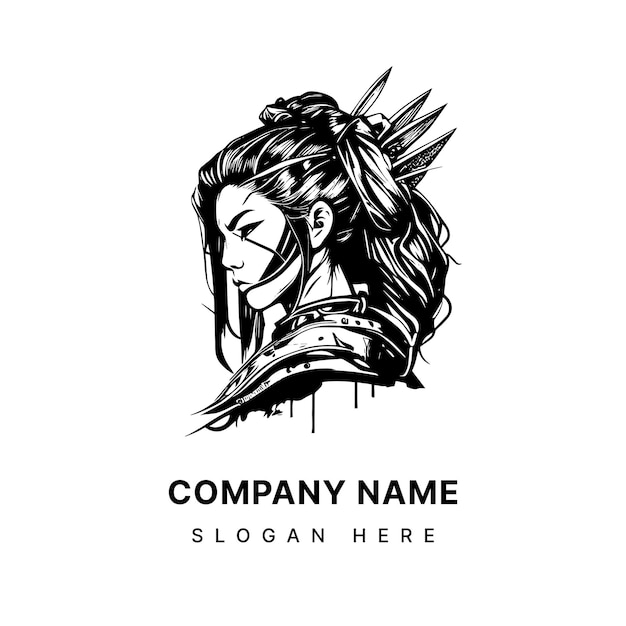 Japan samurai girl logo black and white hand drawn illustration