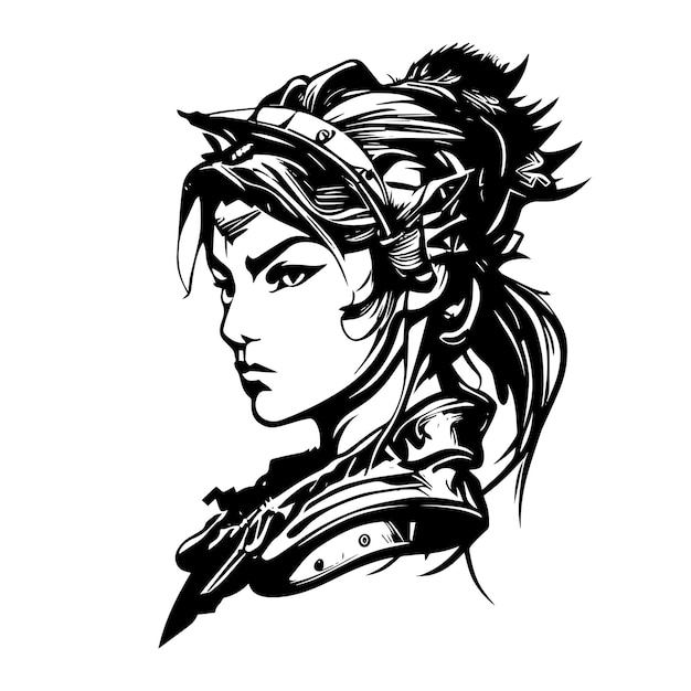 Japan samurai girl logo black and white hand drawn illustration