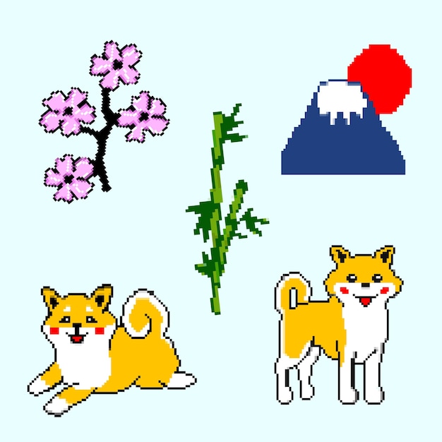 Japan set van elementen in pixel art stijl shiba inu fuji berg bamboe sakura