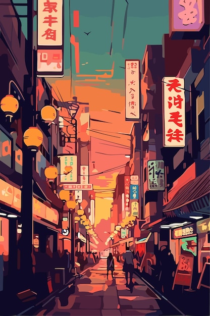 Japan stadslandschap in de avond Vector platte illustratie