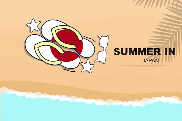 Япония летние каникулы вектор баннер пляжный отдых шлепанцы солнцезащитные очки морская звезда на песке
