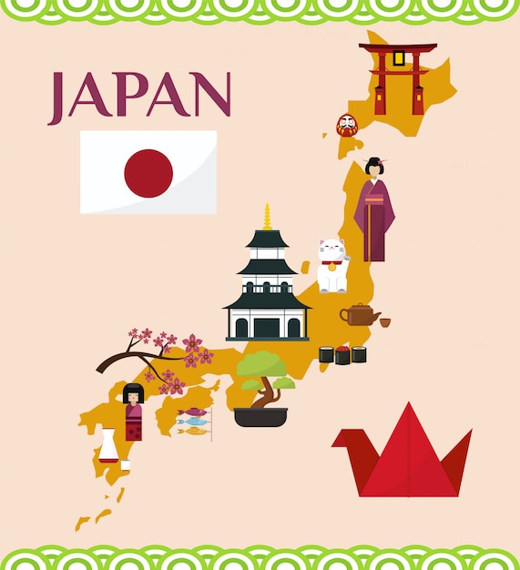 日本の観光と旅行のイラスト。日本のランドマークとシンボルと日本の地図。厳島神社、旗、桜、塔、盆栽、招き猫。