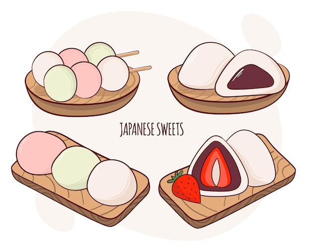 Japan traditie snoep mochi daifuku dango vector illustratie Japans Aziatisch traditioneel eten koken menu concept Doodle cartoon stijl