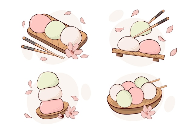 Japan tradition sweets mochi daifuku dango vector illustration Japanese asian traditional food cooking menu concept Doodle cartoon style