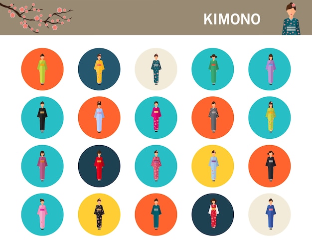 Japan traditional costume in kimono concept flat icons.