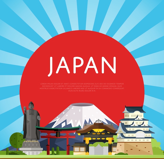 Концепция путешествия в Японию с известными азиатскими зданиями