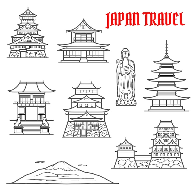 Vector japan travel landmarks thin line icons