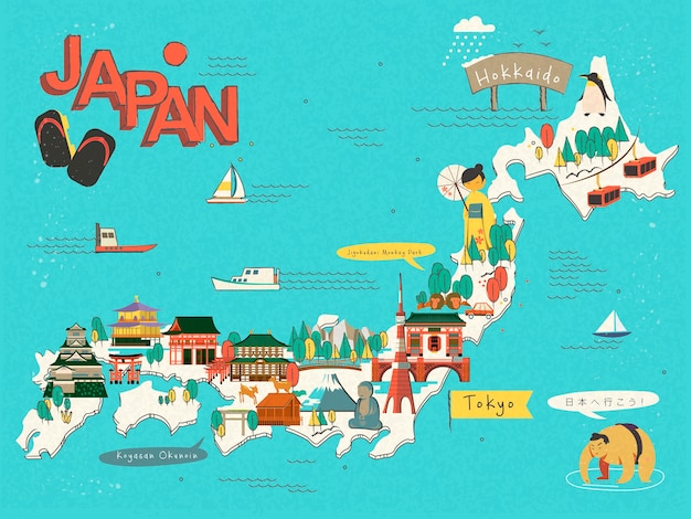 Japan travel map design - let's go to japan in japanese said by the man